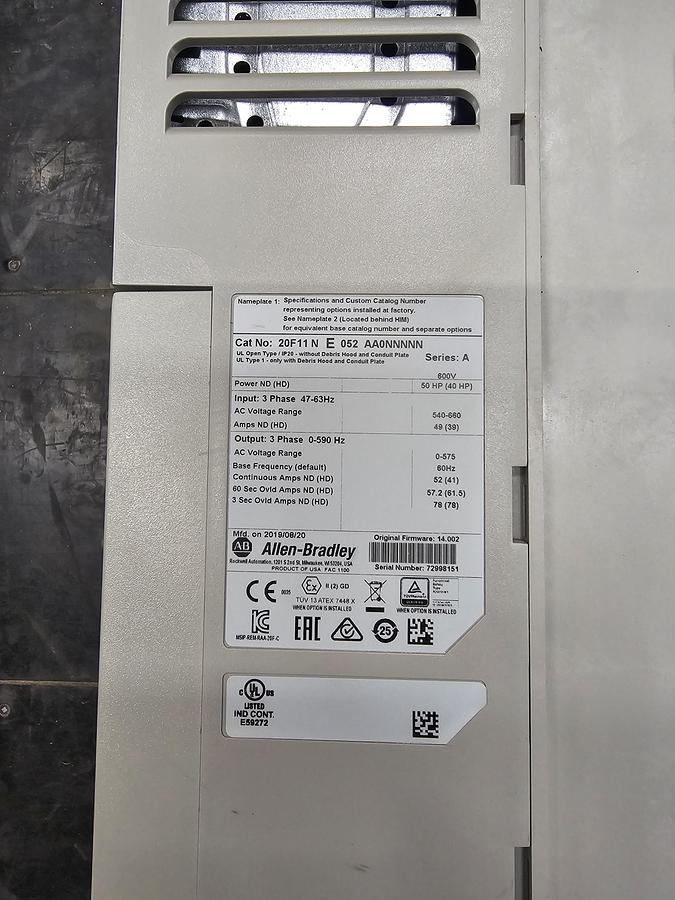 Used Used Allen-Bradley Variable Frequency Drive, Model 20F11NE052 AA0NNNNN, 50 HP, 600V