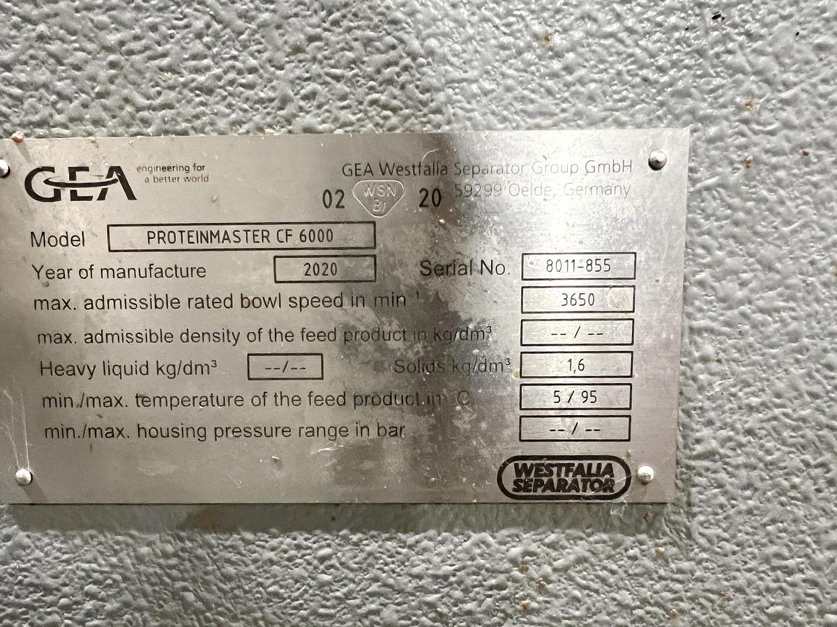 Used Used GEA Westfalia Decanter Centrifuge, Model Protein Master CF 6000