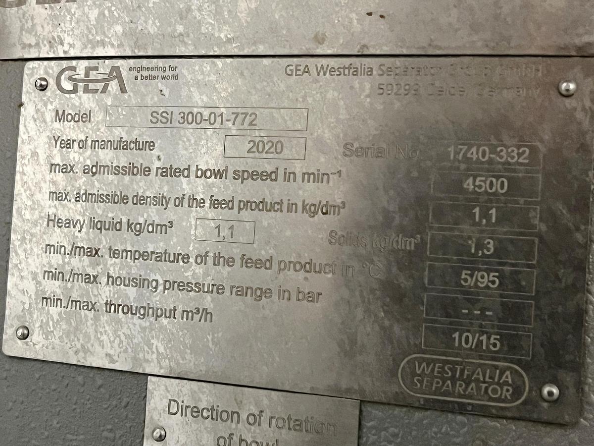 Used Used GEA Westfalia Disc Stack Centrifuge, Model SSI-300-06-772