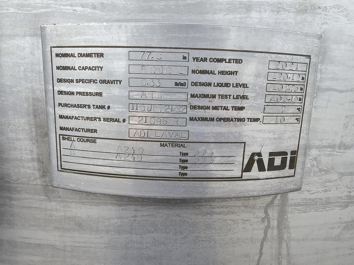 Used Used ADI Laval 2100 Gallon Tank, 304 Stainless Steel