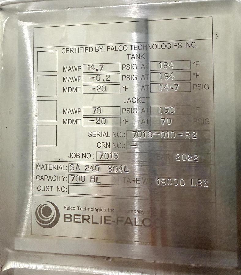 Used Used 18,492 Gallon Jacketed Tank (Reactor), 304 Stainless Steel