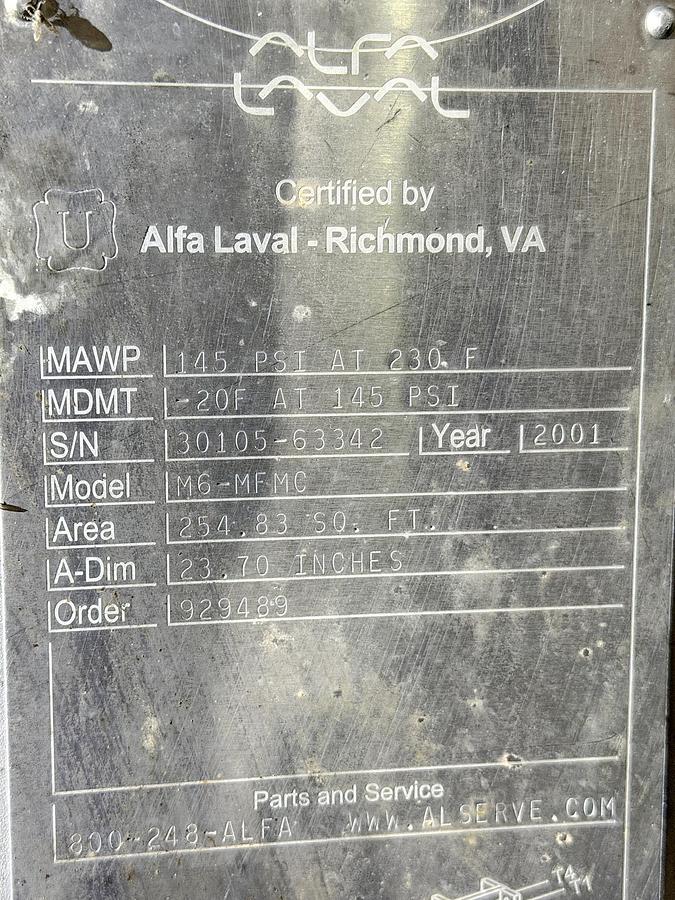 Used Used Alfa Laval Plate Heat Exchanger, Stainless Steel, 254 Sq.ft.