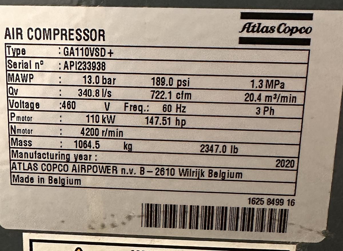 Used Used Atlas Copco GA110VSD Compressor Package