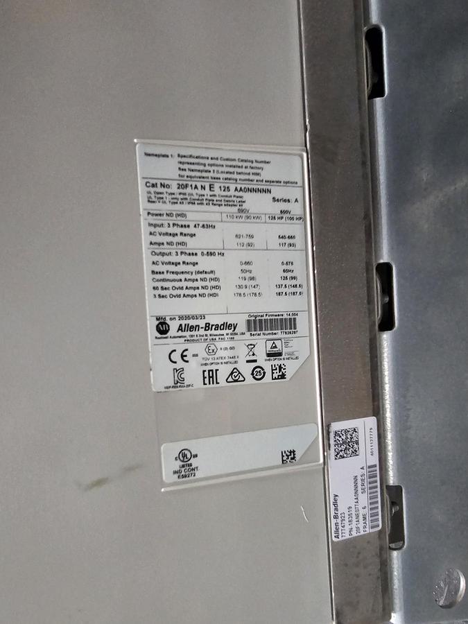 Used Used Allen-Bradley Variable Frequency Drive, Model 20F1ANE125 AA0NNNNN, 125 HP, 600V