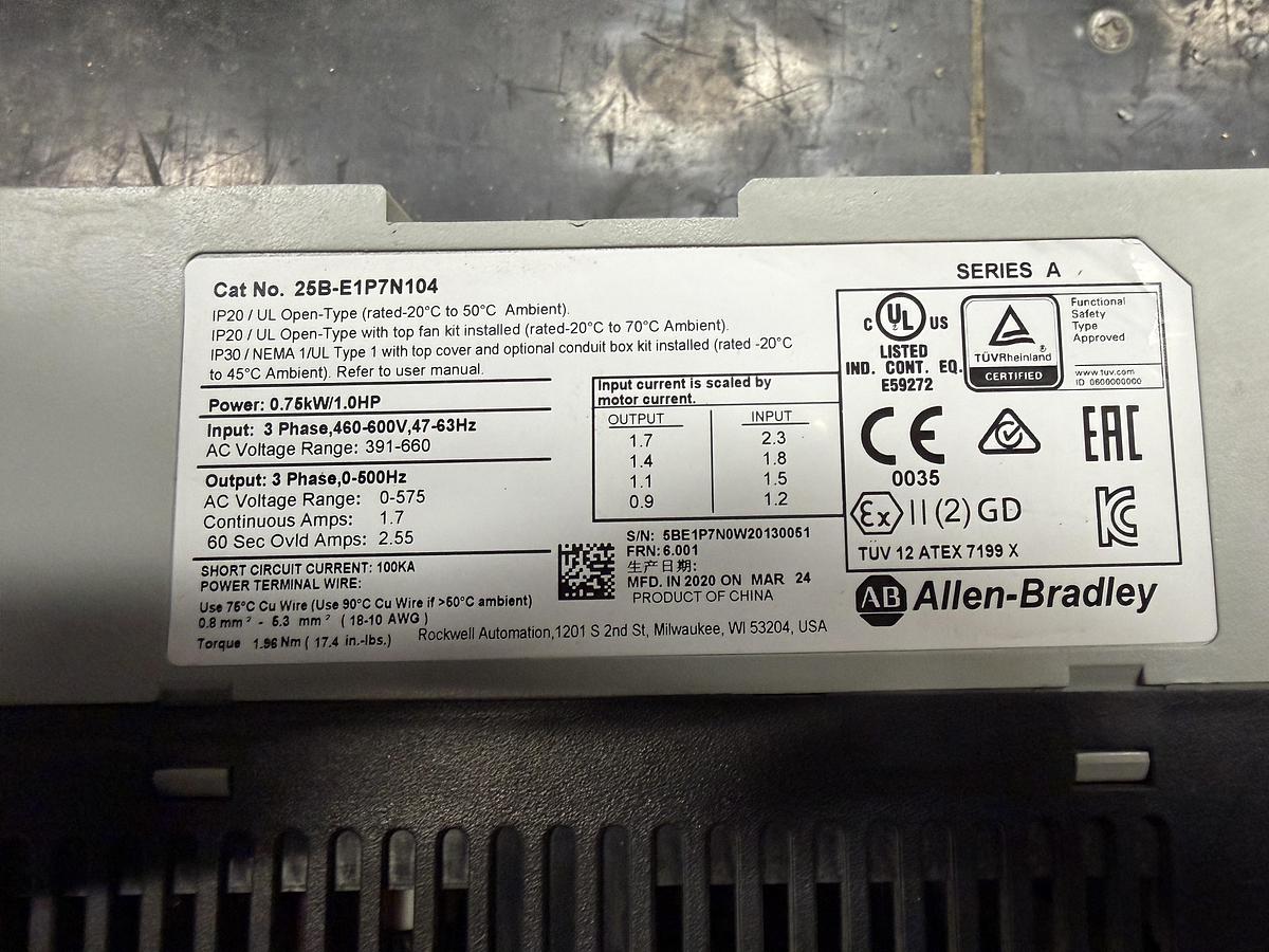 Used Used Allen-Bradley Variable Frequency Drive, Model 25B-E1P7N104, 1 HP, 460-600V