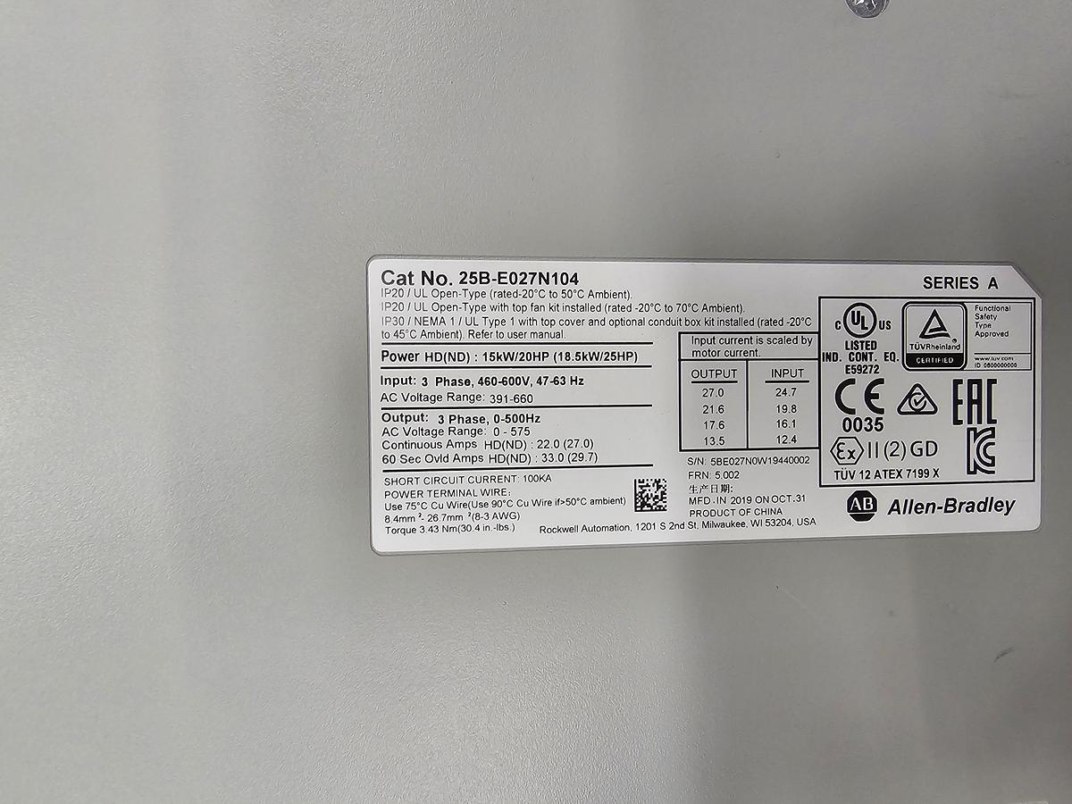 Used Used Allen-Bradley Variable Frequency Drive, Model 25B-E027N104, 20 HP, 460-600V