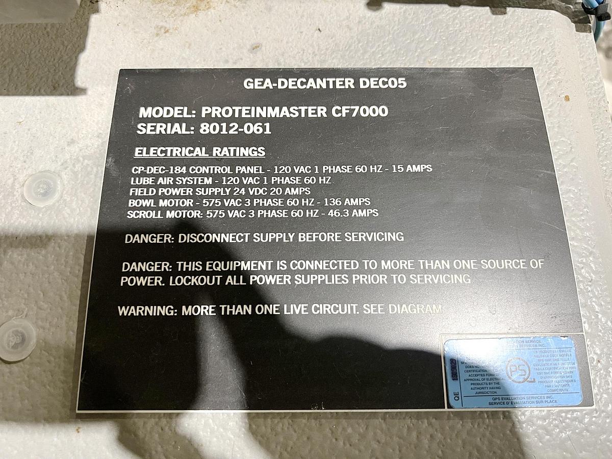 Used Used GEA Westfalia Decanter Centrifuge, Model Protein Master CF 7000