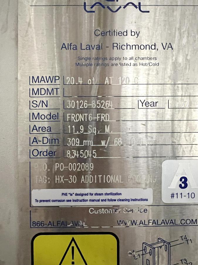 Used Used Alfa Laval Plate Heat Exchanger, Model Front6-FRD, 128.1 Sq.ft