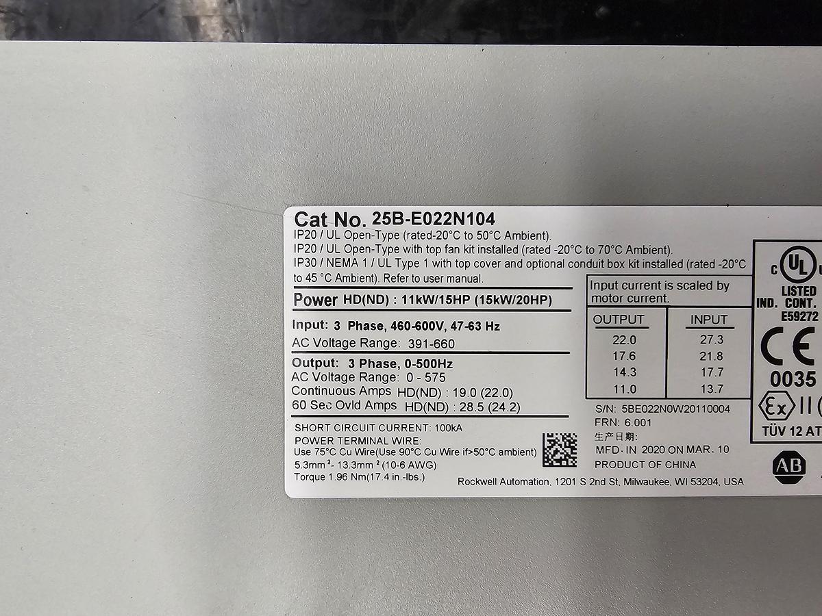 Used Used Allen-Bradley Variable Frequency Drive, 15 HP, 460-600V - Quantity Available : 21