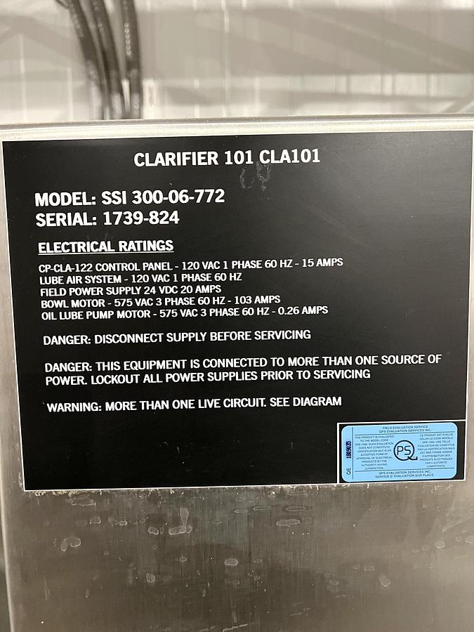 Used Used GEA Westfalia Disc Stack Centrifuge, Model SSI-300-06-772