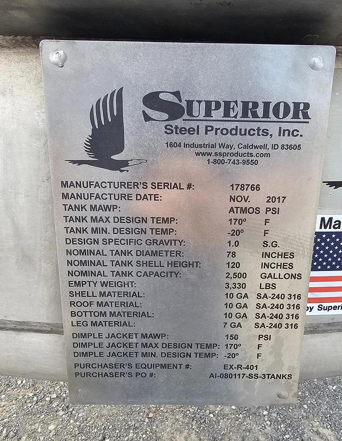 Used Used 2500 Gallon Jacketed Tank, 316 Stainless Steel, With Mixer