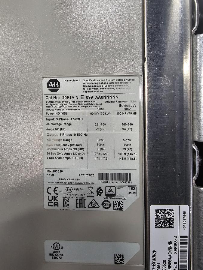 Used Used Allen-Bradley Variable Frequency Drive, Model 20F1ANE099 AA0NNNNN, 100 HP, 600V