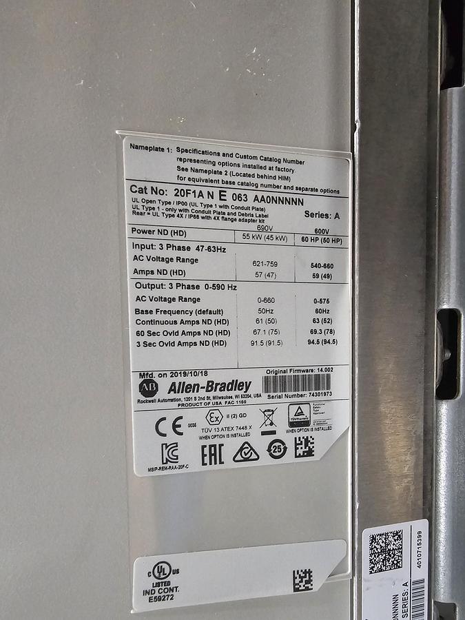 Used Used Allen-Bradley Variable Frequency Drive, 60 HP, 600V - Quantity Available : 3