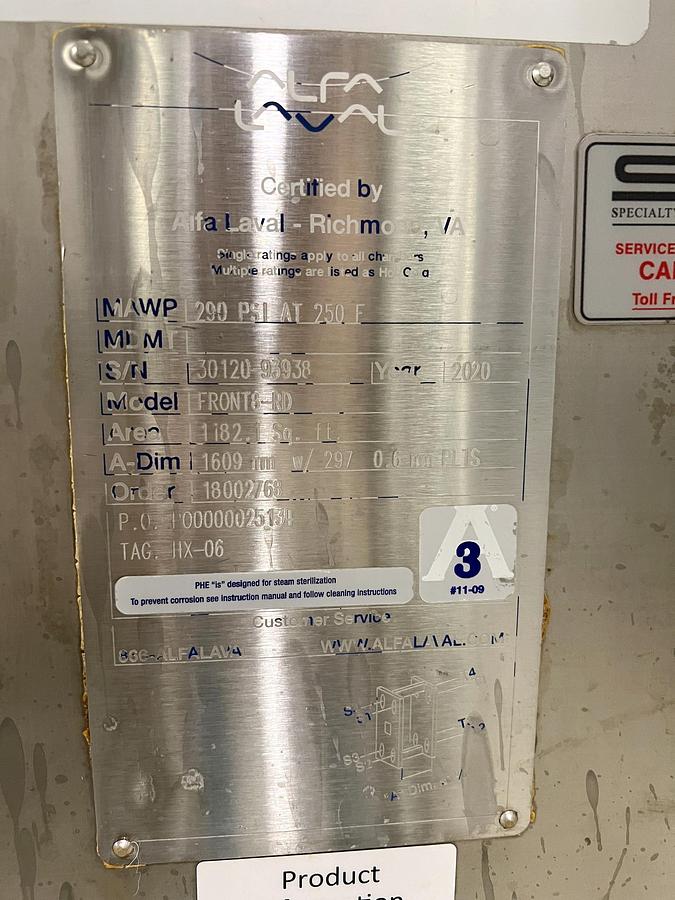 Used Used Alfa Laval Plate Heat Exchanger, Model Front8-FRD, 1182.1 Sq.ft