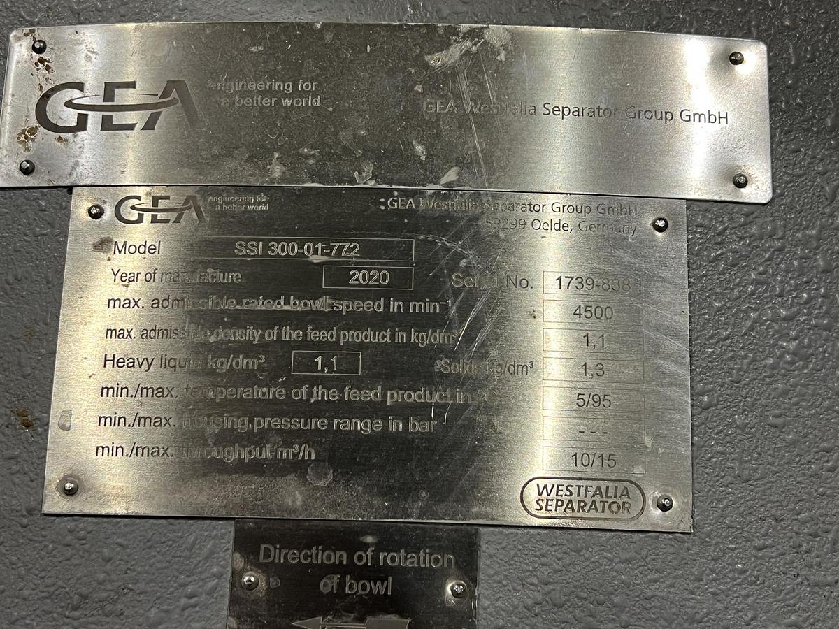 Used Used GEA Westfalia Disc Stack Centrifuge, Model SSI-300-06-772