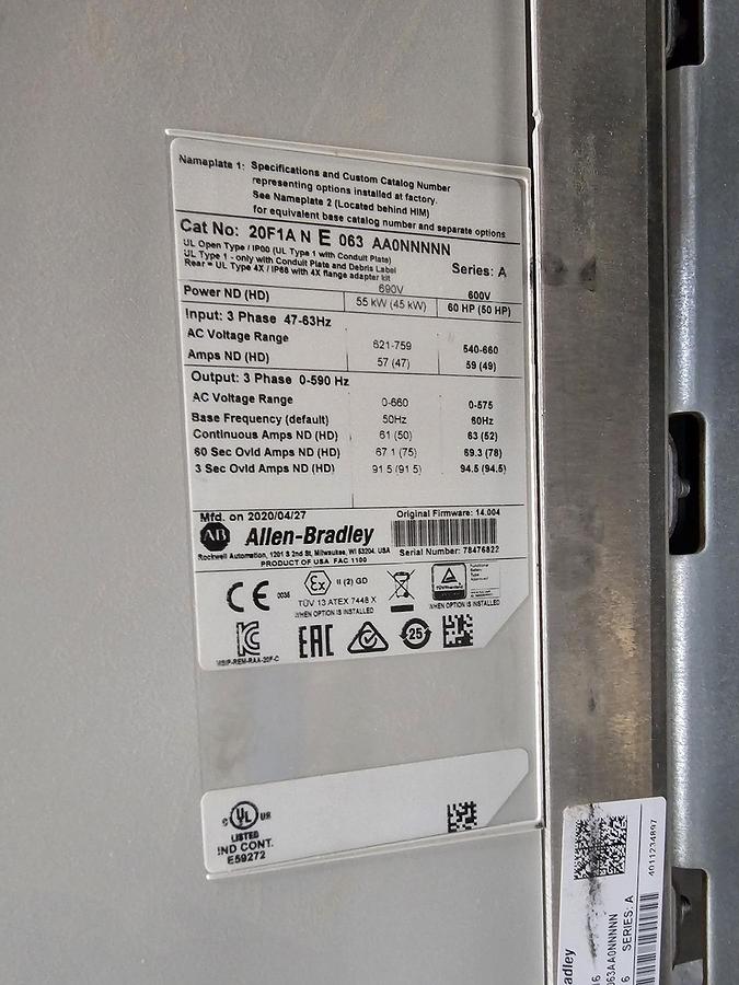 Used Used Allen-Bradley Variable Frequency Drive, Model 20F1ANE063 AA0NNNNN, 60 HP, 600V - Quantity Available : 3