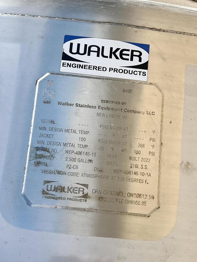 Used Unused 2500 Gallon Jacketed Tank, 316L Stainless Steel, With Scrape Agitation