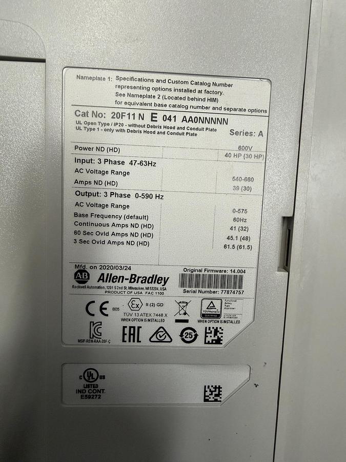 Used Used Allen-Bradley Variable Frequency Drive, Model 20F11NE041 AA0NNNNN, 40 HP, 600V
