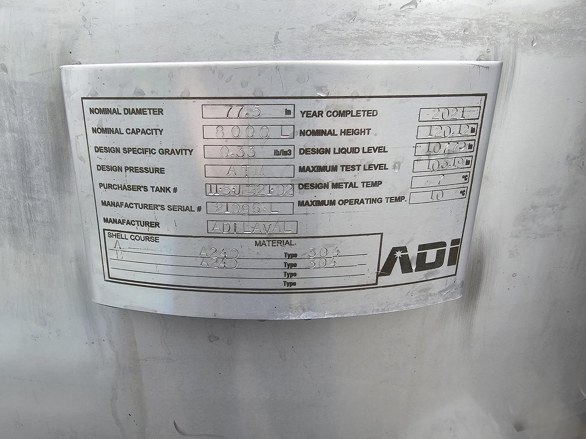 Used Used ADI Laval 2100 Gallon Tank, 304 Stainless Steel