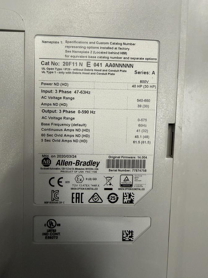 Used Used Allen-Bradley Variable Frequency Drive, Model 20F11NE041 AA0NNNNN, 40 HP, 600V