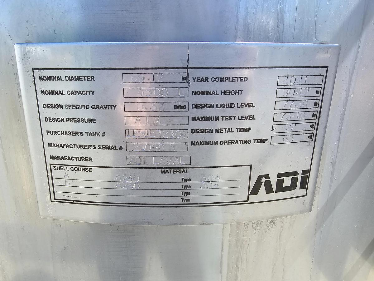 Used Used ADI Laval 1100 Gallon Tank, 304 Stainless Steel