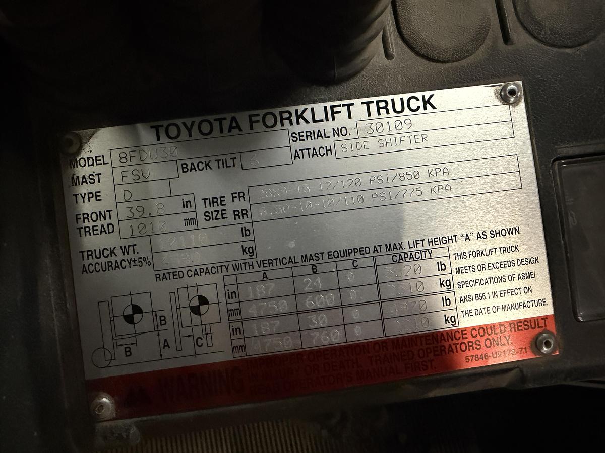Used Used 2010 Toyota 8FDU30 Diesel Forklift – 6,000 LB Capacity – Enclosed Cab – Side Shift – Warehouse Relocation Sale