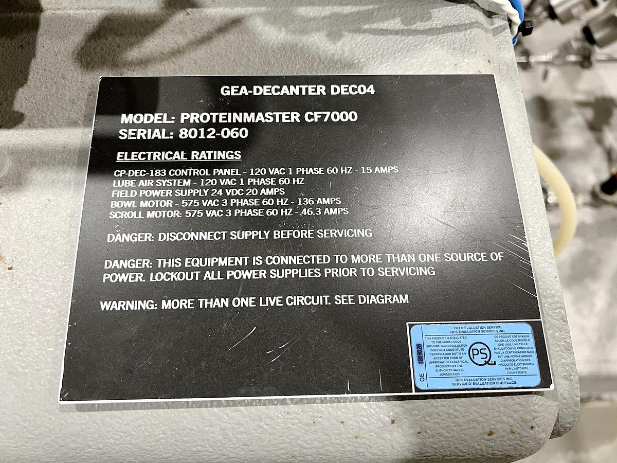 Used Used GEA Westfalia Decanter Centrifuge, Model Protein Master CF 7000