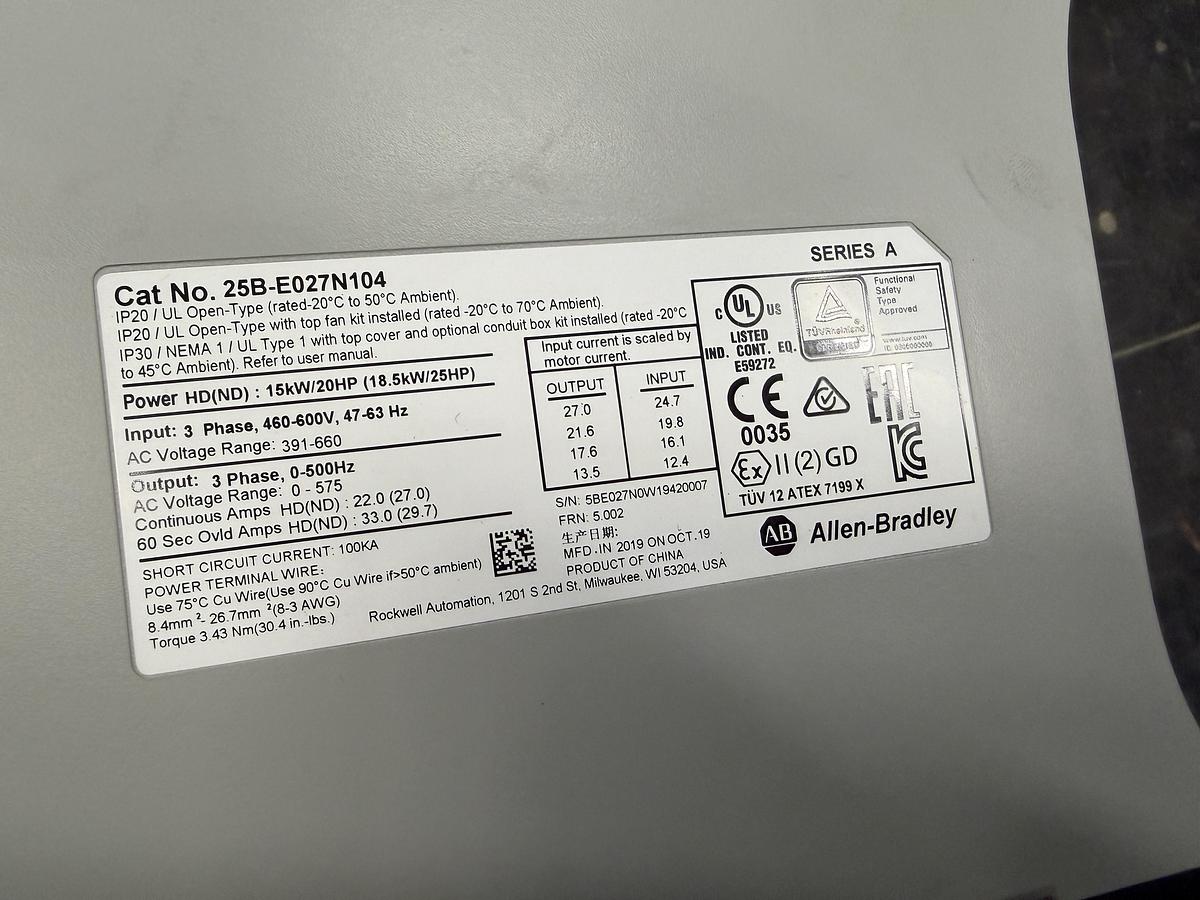 Used Used Allen-Bradley Variable Frequency Drive, 20 HP, 460-600V - Quantity Available : 5
