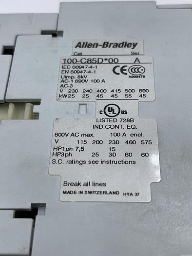 Used Allen-Bradley 100-C85D*00 Ser A 193-EEGE Ser B 100-S