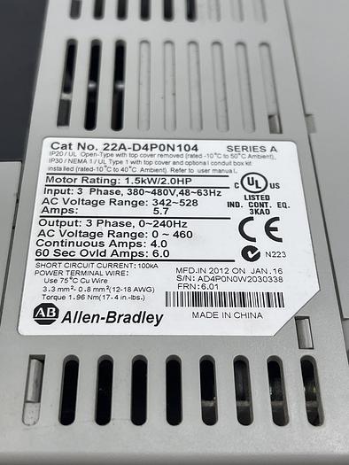 Used Allen-Bradley 22A-D4P0N104 Ser A