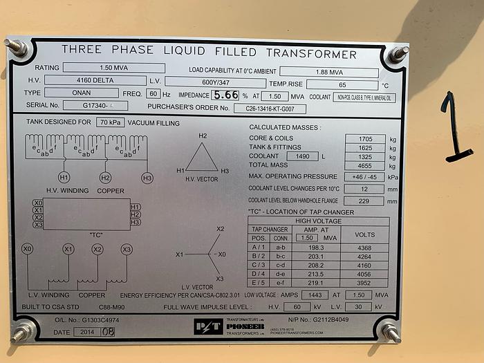 Surplus 2014 Pioneer 1.5mVA 4160 Delta Step-down Transformer