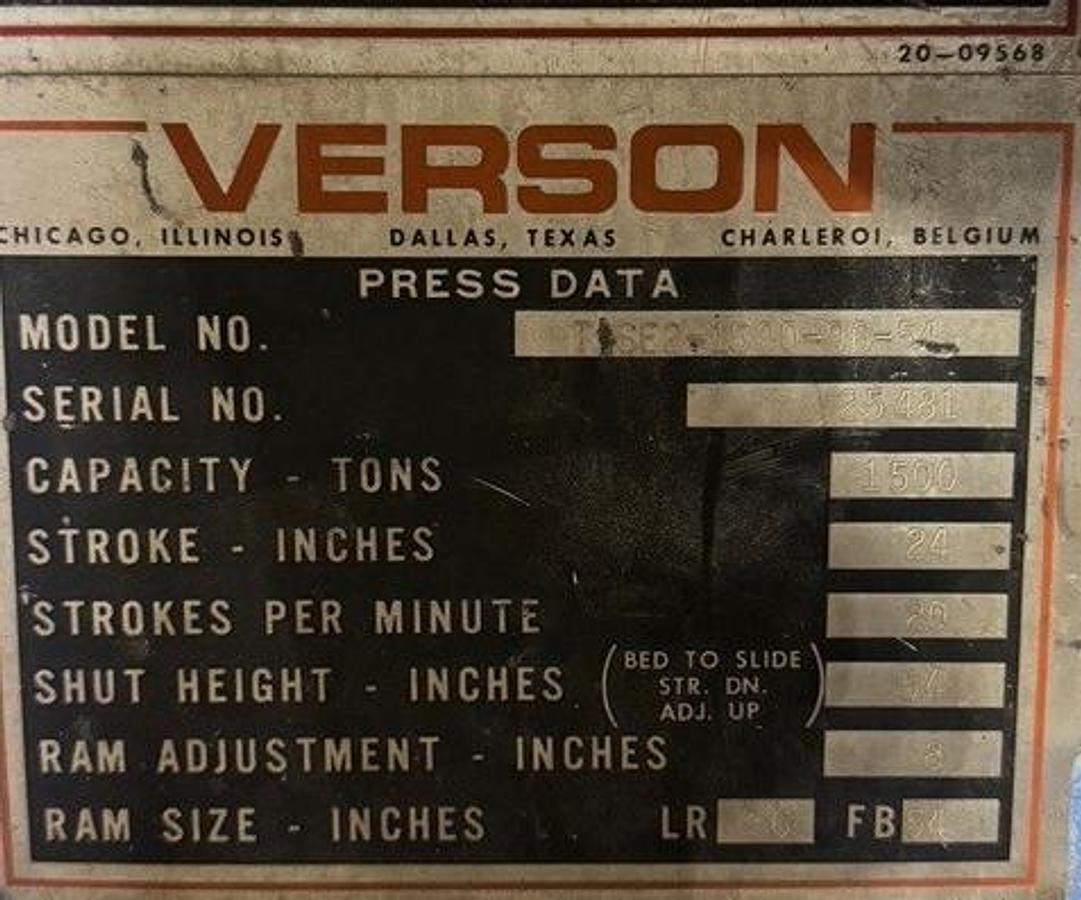 Used VERSON T-SE2-1500-96-54 SSDC PRESS 1,500 TON CAPACITY 