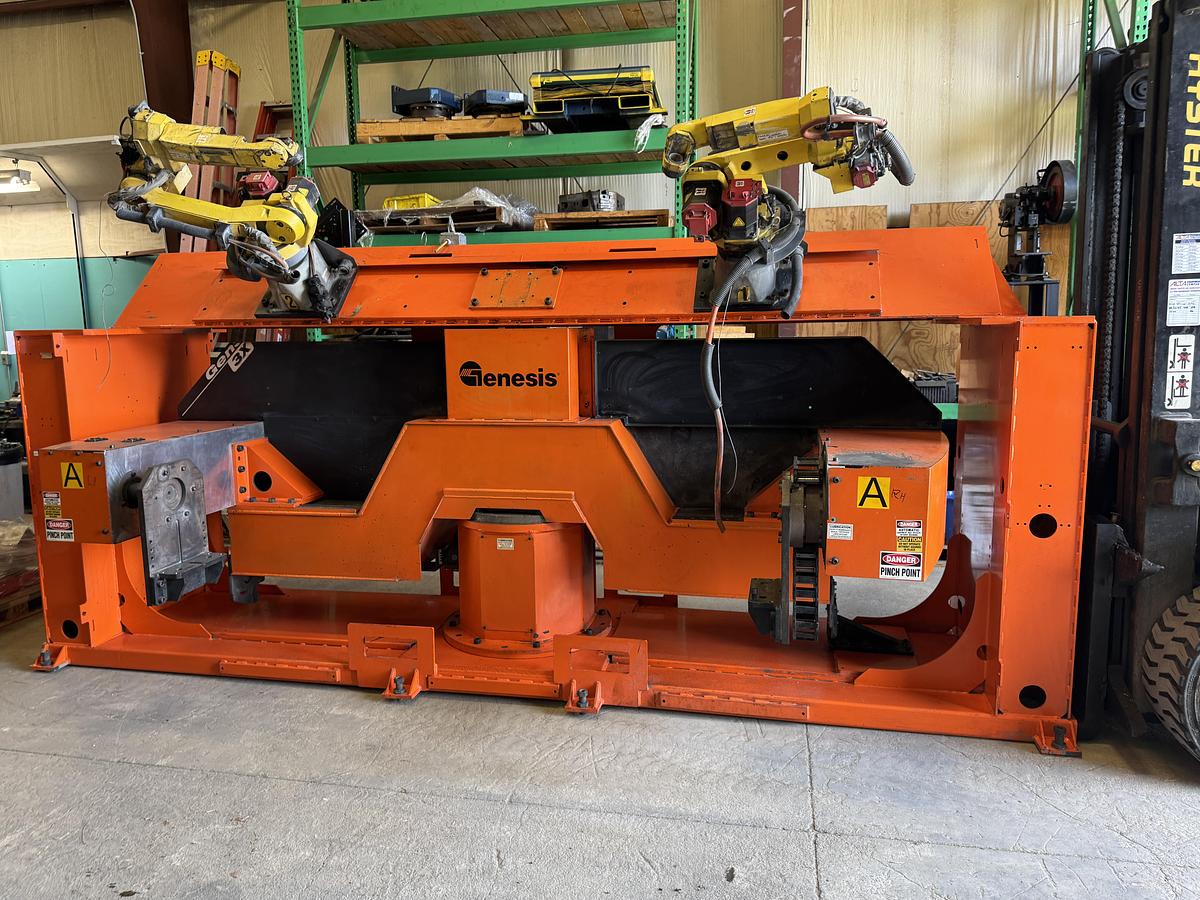 Used GENESIS SYSTEM 3X DUAL TRUNION MIG WELDING CELL WITH 2 ARC MATE 100iC R-30iB ROBOTS