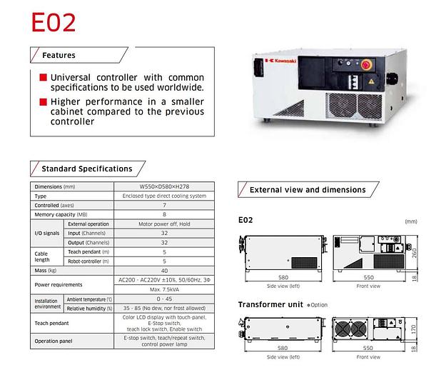 BRAND NEW KAWASAKI BX200L ROBOT WITH E02 CONTROLLER, TEACH PENDANT, CABLES, 14 MONTH WARRANTY