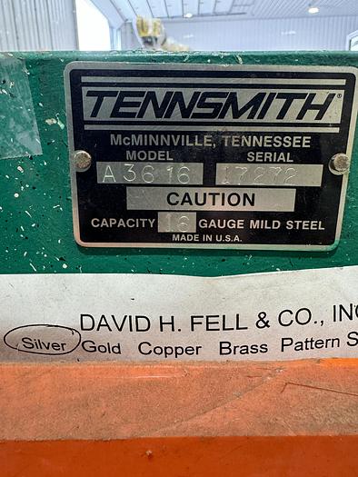 Used TENNESMITH MODEL A3616 PNEUMATIC 16 GAUGE X 36" SHEAR
