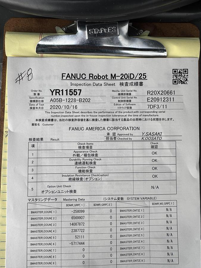 Used FANUC M-20iD/25 ROBOT WITH R-30iB PLUS CONTROLLER, PENDANT, CABLES.  NEVER IN PRODUCTION!