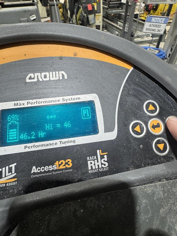 Used CROWN MODEL RR5725-35 NARROW ISLE FORKLIFT STAND UP ELECTRIC