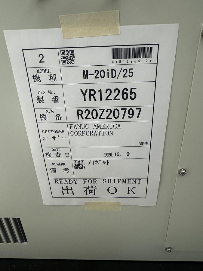 Used FANUC M-20iD/25 ROBOT WITH R-30iB PLUS CONTROLLER, PENDANT, CABLES.  NEVER IN PRODUCTION!