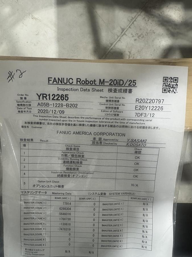 Used FANUC M-20iD/25 ROBOT WITH R-30iB PLUS CONTROLLER, PENDANT, CABLES.  NEVER IN PRODUCTION!