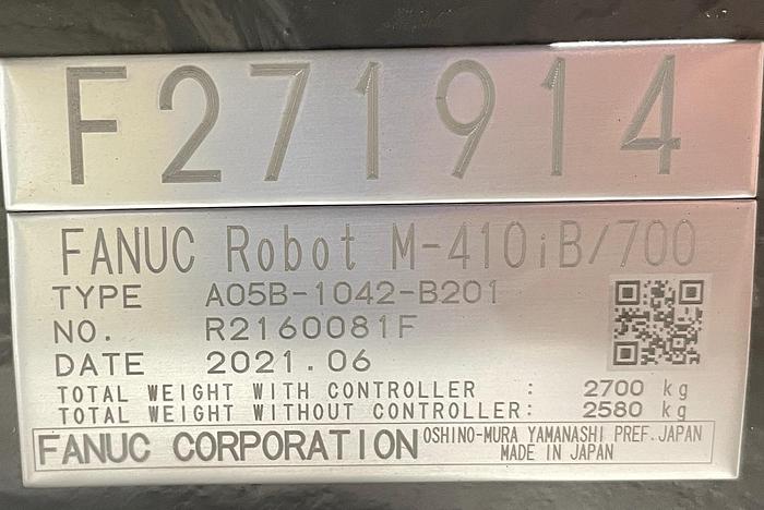 Used FANUC M-410iB/700 4 AXES PALLETIZING ROBOT DATA SHEET WITH FANUC R-30iB PLUS CONTROL
