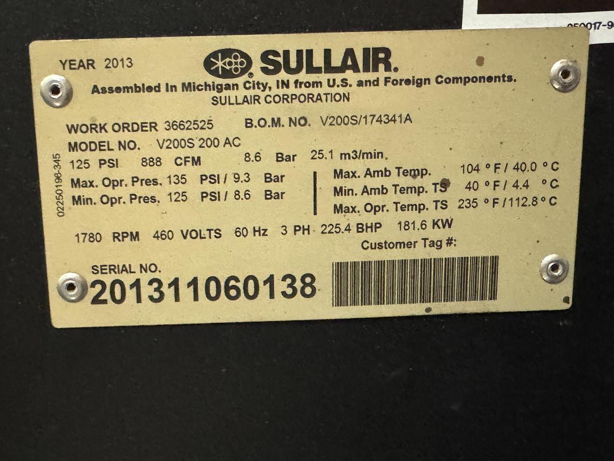 Used SULLAIR V-200S AIR COMPRESSOR 125 PSI 888 CFM CAPACITY