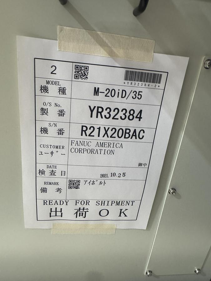 Used FANUC M-20iD/35 ROBOT WITH R-30iB PLUS CONTROLLER, PENDANT, CABLES, NEVER USED