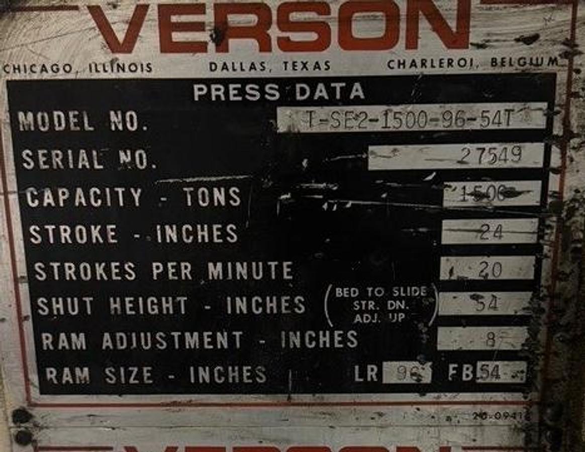 Used VERSON T-SE2-1500-96-54 TRANSMAT SSDC PRESS 1500 TON CAPACITY