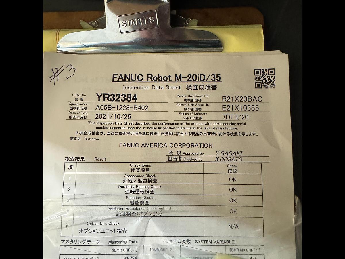 Used FANUC M-20iD/35 ROBOT WITH R-30iB PLUS CONTROLLER, PENDANT, CABLES, NEVER USED