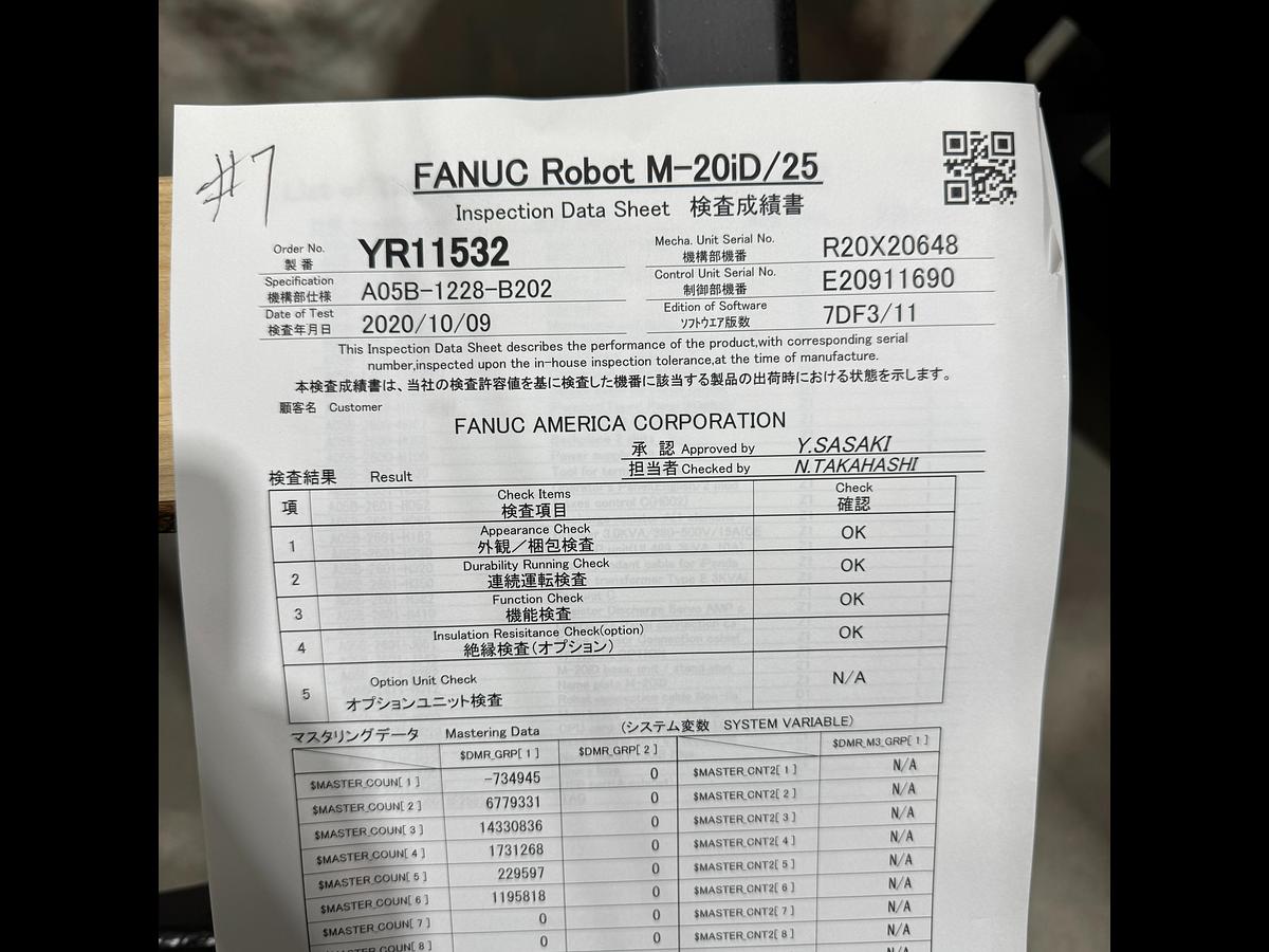Used FANUC M-20iD/25 ROBOT WITH R-30iB PLUS CONTROLLER, PENDANT, CABLES.  NEVER IN PRODUCTION!