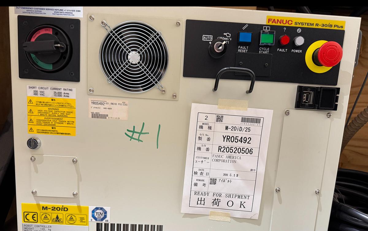 Used FANUC M-20iD/25 ROBOT WITH R-30iB PLUS CONTROLLER, PENDANT, CABLES.  NEVER IN PRODUCTION!
