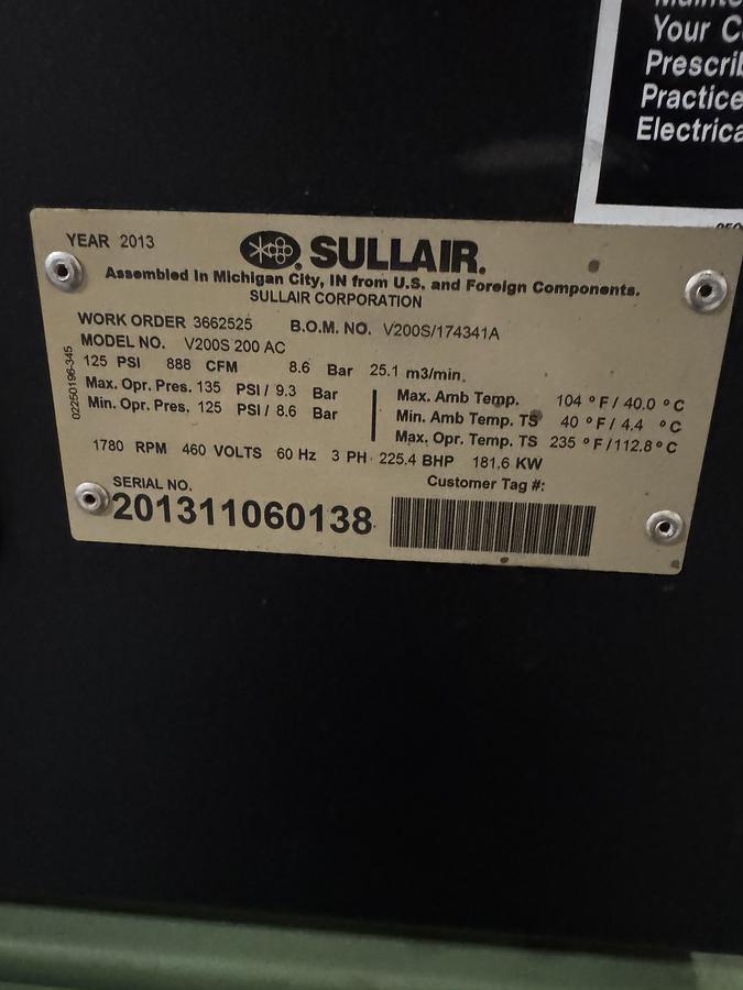 Used SULLAIR V-200S AIR COMPRESSOR 125 PSI 888 CFM CAPACITY