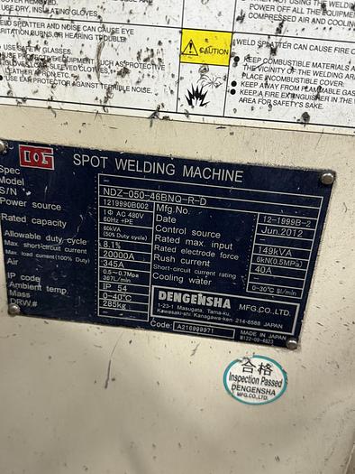 Used DENGENSHA NDZ-050-41BNU-R-D PROJECTION SPOT WELDERS 60 KVA NEW 2014, LIQUIDATION SALE