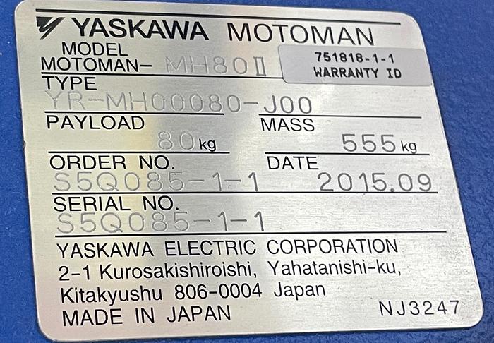 Used YASKAWA MOTOMAN MH80II 6 AXES ROBOT 80KG X 2061MM REACH WITH DX200 CONTROLLER