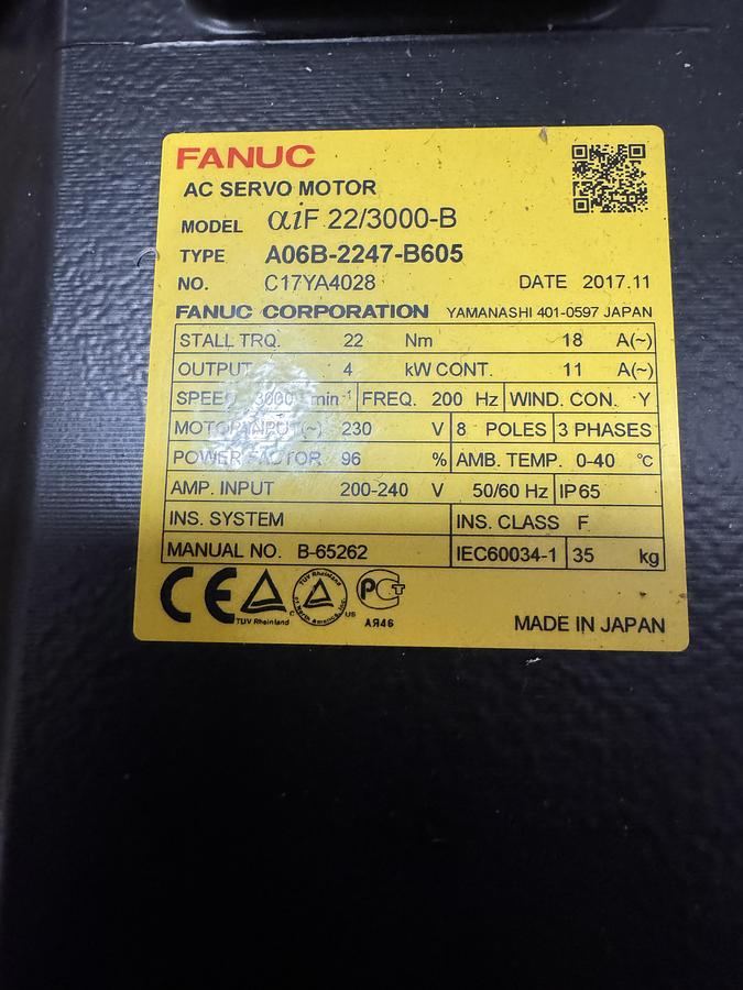 FANUC AC SERVO MOTOR A06B-2247-B605 aiF 22/3000 B YEAR 2017